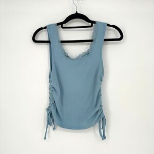 One Step Up Lace Trim Crop Tank Top Womens M Dusty Blue Ruched Y2K Fairy Cowgirl